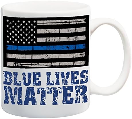 CrookedMugs- Blue Lives Matter Flag- 11OZ White Ceramic coffee mug - Best Police Officer Law Enforcement Gift