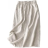 IDEALSANXUN Linen Skirts for Women Summer A Line Flowy Casual Drawstring High Waist Button Down Midi Skirts with Slit