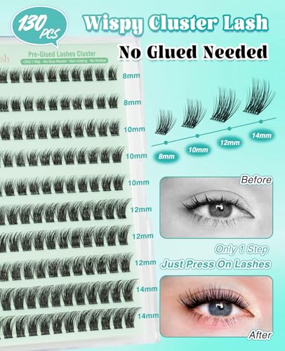 Obeyalash YLB09 Press E Go Lashes 130 Self-Adhesive Cluster Lashes Press and Go Lashes Wispy C Curl 8-14mix No Glue Eyelashes Self Adhesive Eyelash Natural Stick On Lash Resuable (YLB09)
