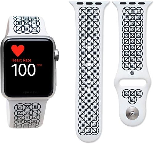 Sleek Apple Watch Silicone Sports Style Band with Unique Graphic Design / Replacement Strap / 3 Piece Set with S/M and M/L Bands (White with Black Pattern - 42 MM)