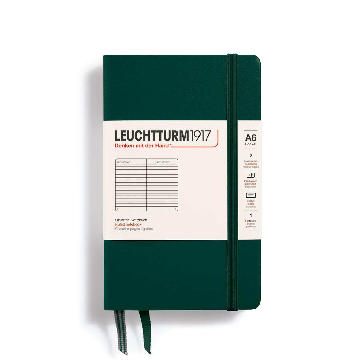 LEUCHTTURM1917 370299 Notebook Pocket (A6), Hardcover, 187 Numbered Pages, Forest Green, Ruled