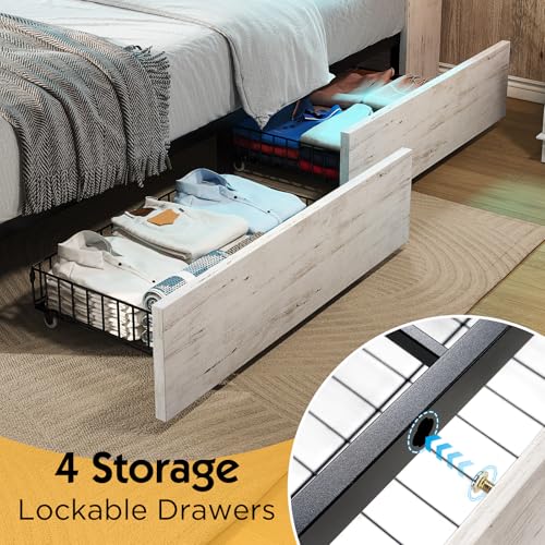 Jocisland Queen Farmhouse Bed Frame with Bookcase Headboard and 4 Drawers, LED Storage Bed with Charging Station & Linen Upholstered, No Box Spring Needed, Distressed White