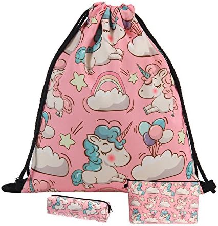 Girl Drawstring Backpack Unicorn Pencil Case Set of 3 Rucksack Shoulder Bags Gym Bag