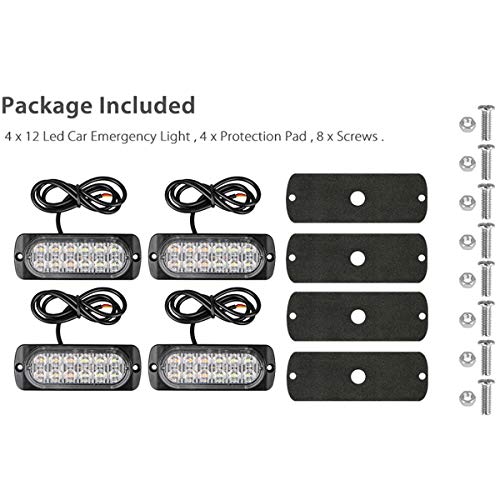 Amber 12-Led Flashing Caution Strobe Lights for Truck Car Vehicle, Warning Emergency light,Surface Mount Beacon Plow Safety Strobe Light Bar for Trailer Van Motorcycle(4 PACK)