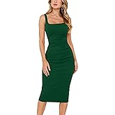 OWIN Women's Summer Sexy Square Neck Sleeveless Ruched Sheath Bodycon Midi Cocktail Party Work Dress