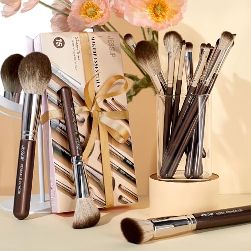Jessup T498 15-Piece Professional Makeup Brush Set for Foundation Powder, Concealer, Eyebrows, Eyeshadow, Contour, Eyeliner, Blending Eyeshadow Brush, Brown