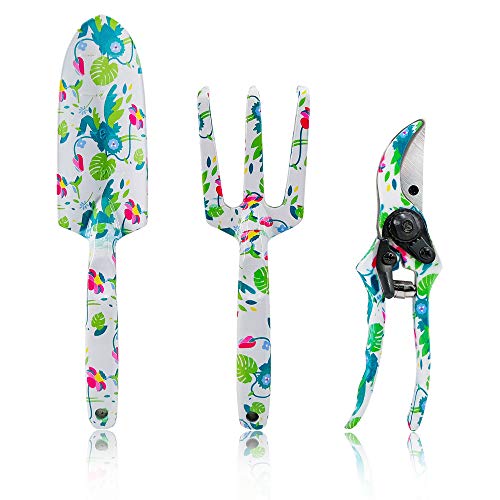 Hortem 3PCS Floral Aluminum Garden Tool Set- Heavy Duty Gardening Tools Kit with Ergonomic Design Handles, Perfect Garden Gifts for Woman & Man