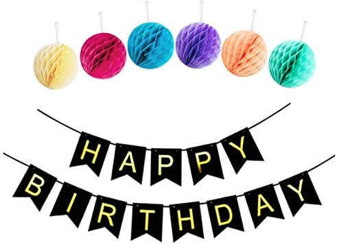 JoyAcc 2.5M Happy Birthday Banner with 6 Colorful 8 Inch Tissue Poms, Perfect Birthday Decoration and Party Supplies - Black & Gold Letter