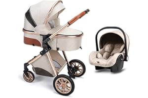 Wisesonle Baby Stroller, Infant Bassinet Stroller, Folding Pram for Newborns, Anti-Shock Wheels (1-Beige)