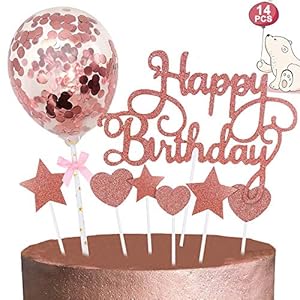 Rose Gold Cake Topper, Happy Birthday Cake Toppers/Confetti Ballon Hart Star Cake Toppers voor Gelukkige Verjaardag Cake…