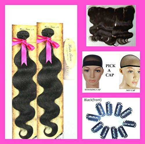 All in One Super Value: Lace Frontal Closure Body Wave w/ Two Bundles (14", 14") + Wig Caps &amp; ClipsBrazilian Virgin Remy Human Hair Weaves Natural Color