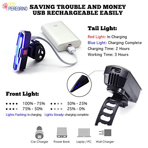 DON PEREGRINO SS1 - LED Bicycle Headlight Taillight Set USB Rechargeable, 400 Lumens Bike Front Light Plus Horn Function with 110 Lumens Bright Rear Light - Thumbnail 3