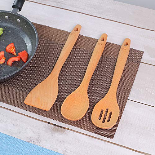 EVQ Kitchen Wooden Cooking Utensil Sets, Wooden Spoon,Slotted Spoon,Turner, Non Scratch Natural Beechwood （3 Piece）