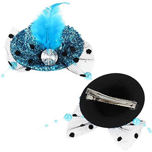 12 Pieces Mini Hat Hair Clip Shining Fascinator Party Hats with Faux Feather Mesh Bow Hairpin for Girls Toddler Costume Accessory, 6 Colors