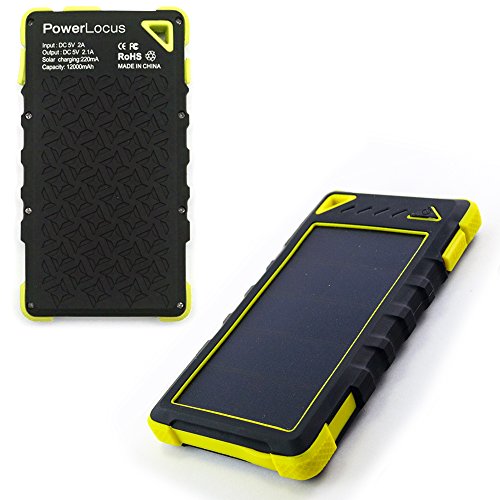 Solar Powered Charger, PowerLocus 12000mAh Solar Phone Charger Dual USB Port Waterproof Portable External Battery Pack Solar Power Bank for iPhone X 8/8s 7 7 Plus Samsung Galaxy S8 and more (Yellow)