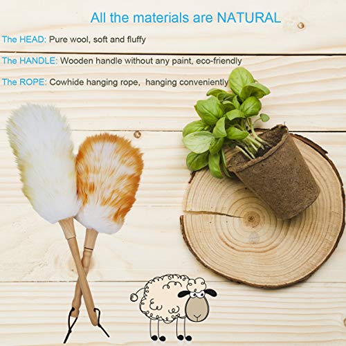 M-jump 2 PCS Wool Duster with Solid Wooden Handle,Flexible Head,Leather Hang Strap,Comfortable Grip Natural Feather Duster for Cleaning Screen,Funiture,Ceiling Fans,Blinds etc(2 Pack)