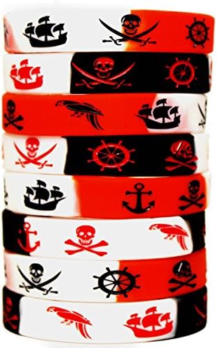 Pirate Party Favors - 8 Pack Caribbean Pirates Silicone Wristbands - Pirate Party Supplies - 8 Pack Pirate Silicone Bracelets - Great for Pirate Themed Parties!