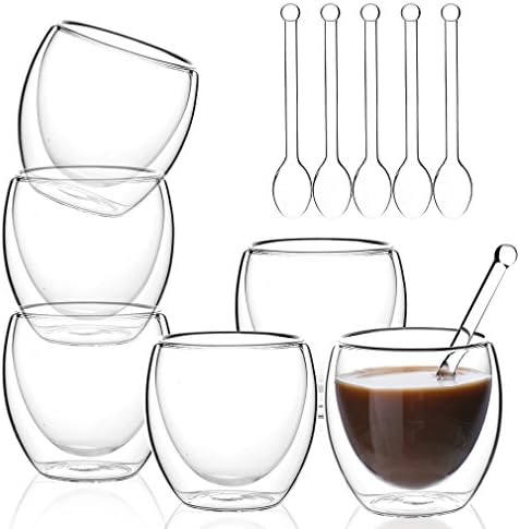 Espresso Cups Double Wall Thermo Insulated Coffee Cups - Set of 6 Cups +6 Spoons