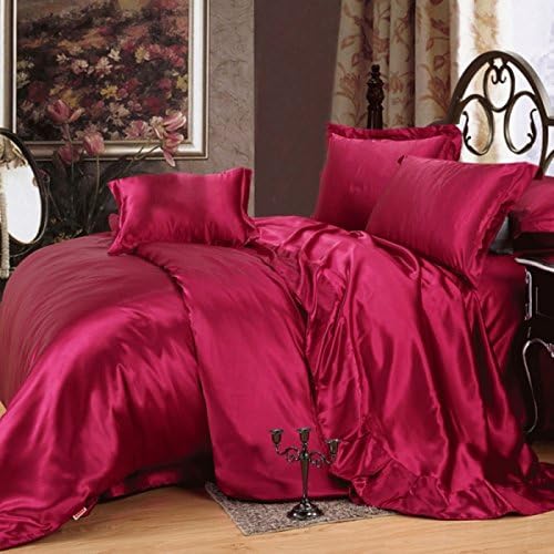 CUSHIONLIU Solid Color Silk 100% Silk Bed Linen Bedding Pack , Wine Red , 2.0M(6.6 -Foot) Bed