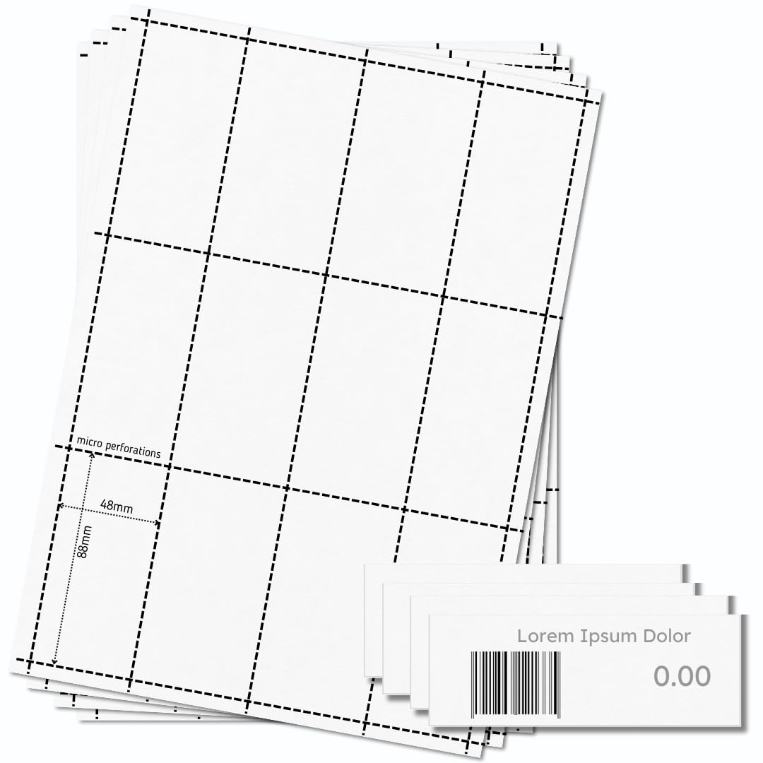 OfficeGear Shelf Edge Barcode Price Ticket Labels 12-up [25 Sheets - 300 Pack] 48x88mm Custom Printable A4 120gsm Card Perforated Non-Adhesive Merchandise Tag Includes Design Template