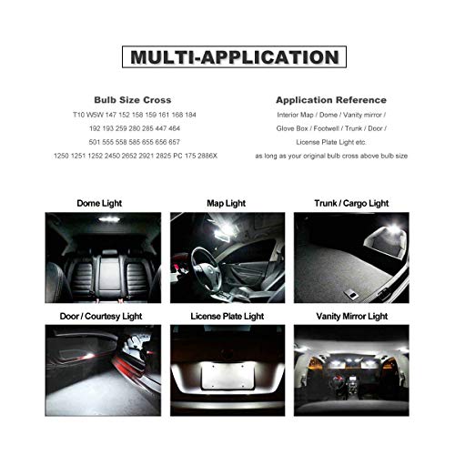 DODOFUN T10 Xenon White Car Interior Exterior Replacement Bulb Map Dome Door Trunk Cargo Tag Number Plate LED Light 168 175 194 2825 W5W Size (Pack of 10) - Thumbnail 6