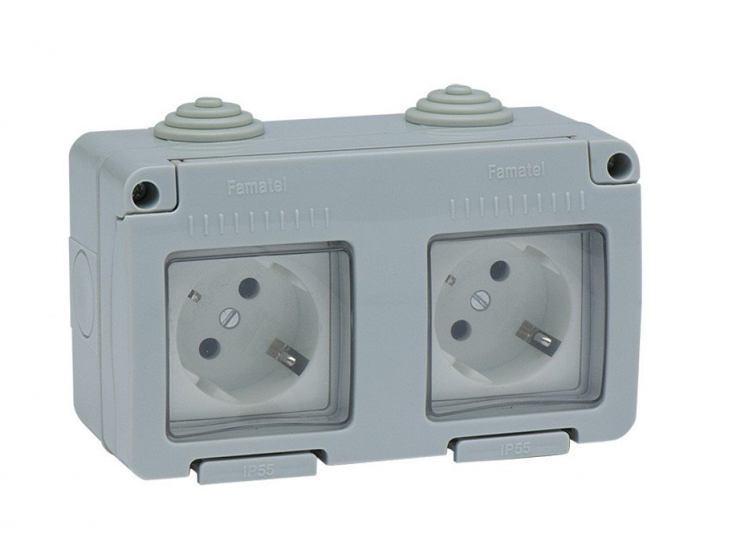 FAMATEL Double Socket | for Installation | Garden Series | IP55 | Child Lock | This Socket is Waterproof | Easy to Install Product | Aluminium | Grey