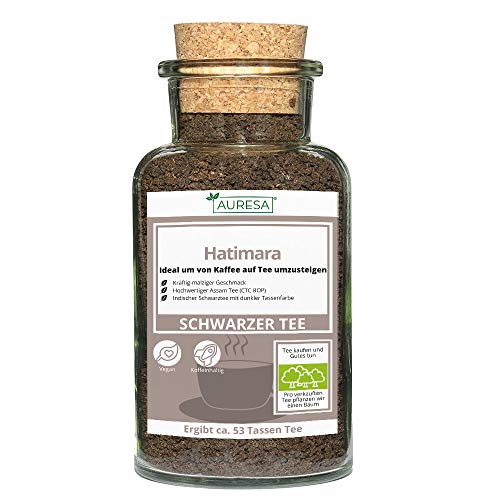 AURESA Loser Tee Hatimara im Glas | Schwarztee aus Assam - 100g | Wiederverwendbare Glasflasche mit Korkverschluss
