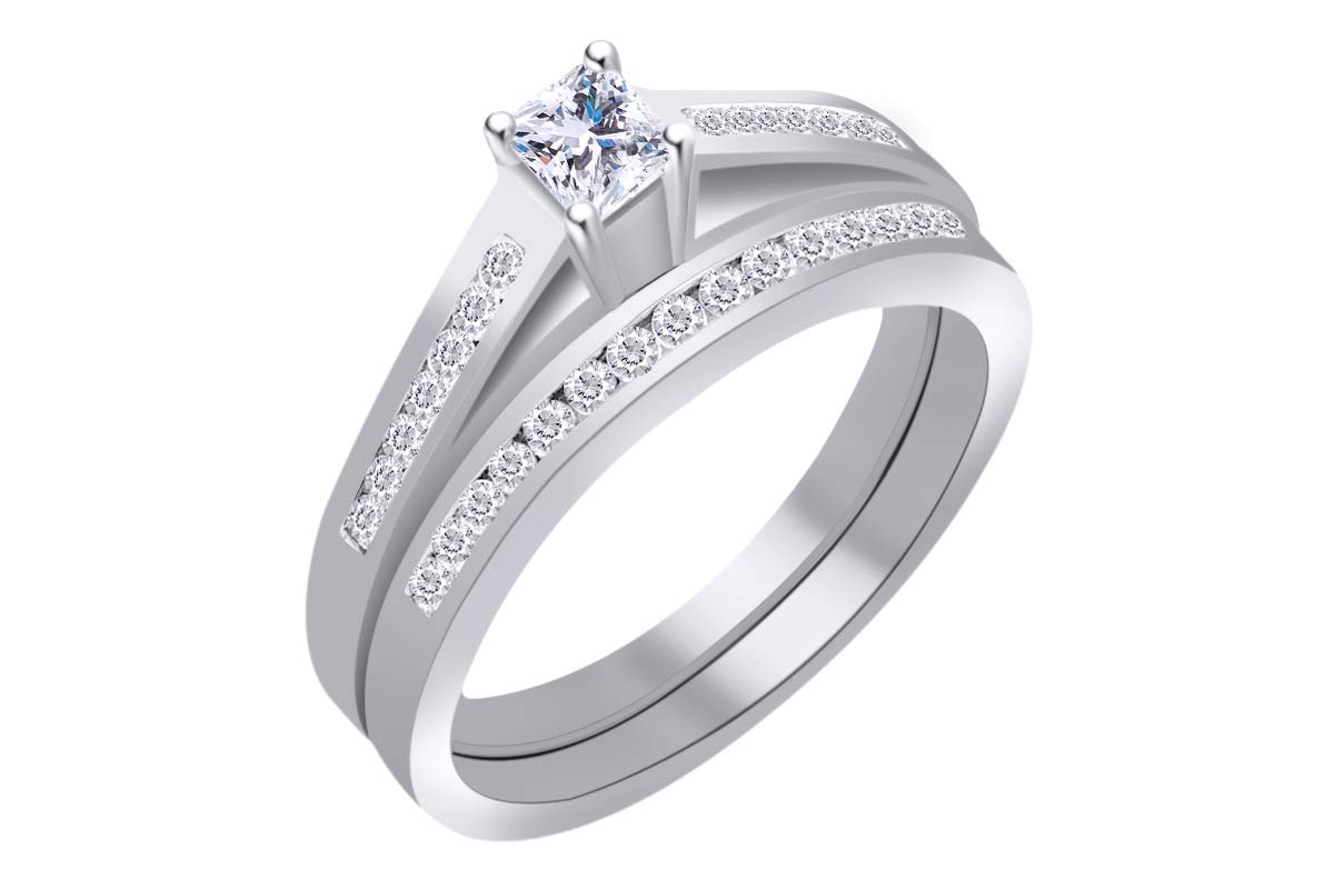 1/2 Cttw Womens Princess Diamond Bridel Wedding Engagement Ring Band Set 10Kt Solid Gold (I-J Color,