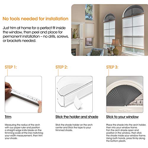 Zipcase Arch Light Filtering Fabric Shade Pack of 2 fit for Perfect Half-Round Arch Windows No Tools Installation, Grey, 72" x 36"