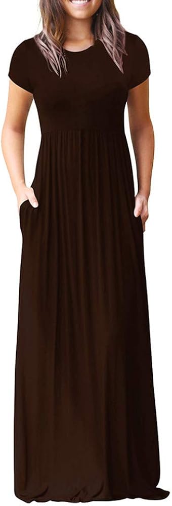Aniywn Women's Summer Casual Loose Solid Color Long Dress Short Sleeve Pocket Plain Maxi Dress with Pocket
