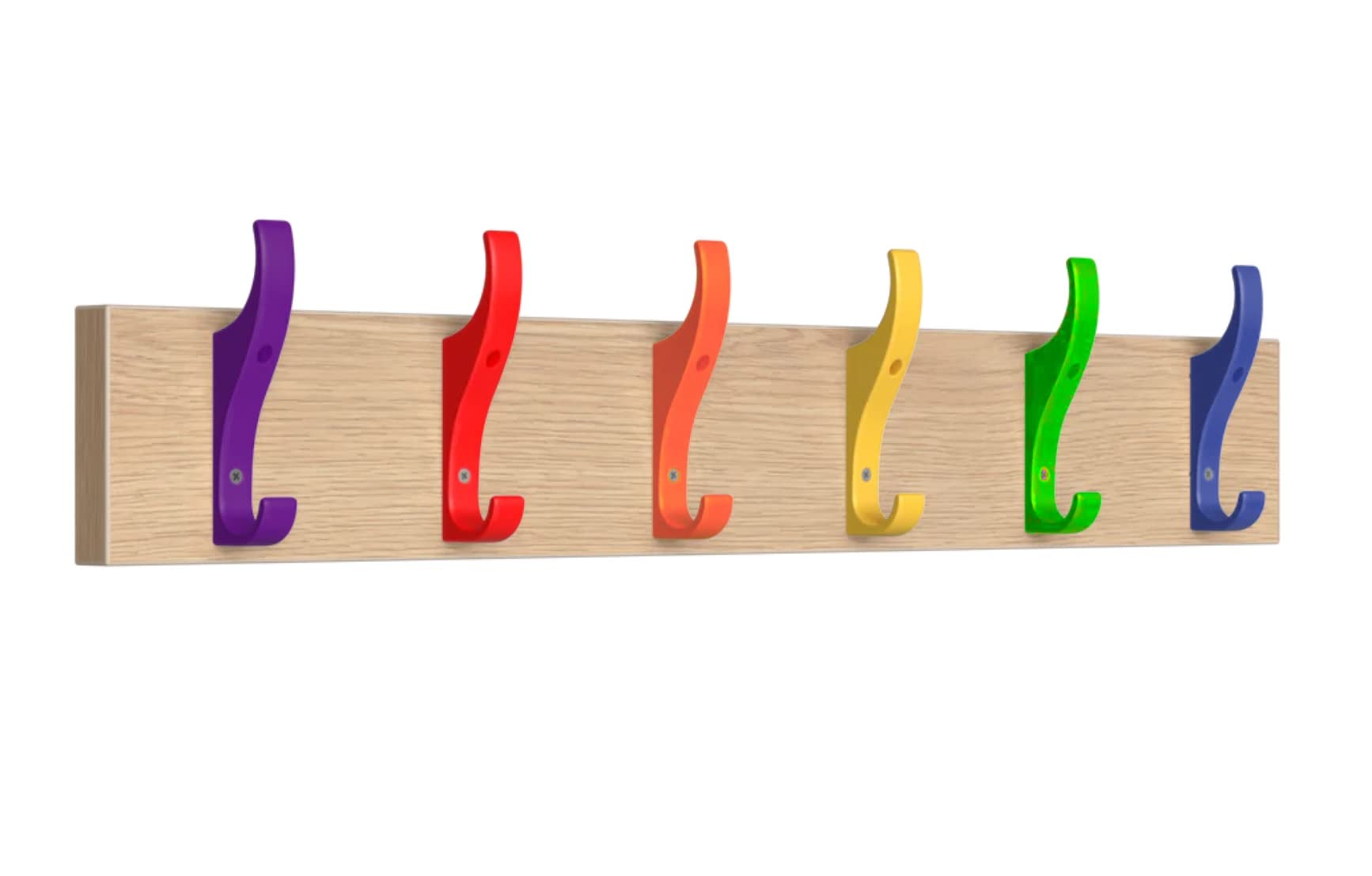 Toughook PerfectFit Hook Rail for Bag, Coat, Hat, Keys, Scarf - Wall Mounted Oak Laminate Rack - Ideal for Schools, Home and Work (6 Hook Rainbow)