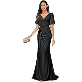 Dvdci Satin Mother of The Bride Dresses with Sleeves Long Mermaid Bodycon Pleated Formal Wedding Guest Dress