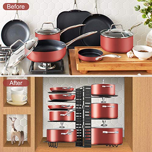 Pot Rack Organizer, 3 DIY Methods, Adjustable Height and Position, 8+ Pots Holder, Black Metal Kitchen Cabinet Pantry Pot Lid Holder, include Magnetic Knife Strip
