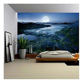 Full Moon Over The Coast in Cornwall, UK - Removable Wall Mural | Self-Adhesive Large Wallpaper - 66x96 inches