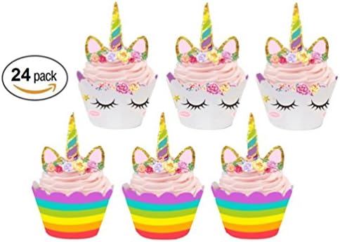Unicorn Cupcake Toppers and Wrappers Double Sided Kids Unicorn Horn Shape Birthday Party Supplier Cake Decorations Set of 24 (White)