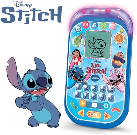 - Telefone educativo Stitch, brinquedos eletrónicos para crianças +4 anos, ecrã LCD, tira de luz, minijogos de matemática, voz original, teclado e chamadas, versão ESP