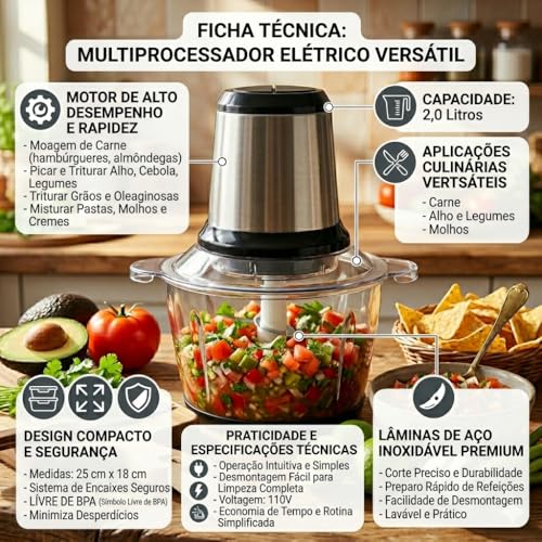 Multiprocessador Elétrico 2L Triturador de Carne Alho Cebola e Legumes com Lâminas em Aço Inox Processador de Alimentos Multifuncional para Cozinha
