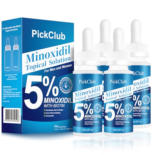 Pickclub 5% Minoxidil with Biotin for Men and Women, Hair and Beard Regrowth Serum, Gentle, Fast-Absorbing, with Dropper, 4-Pack (8.12 fl oz)