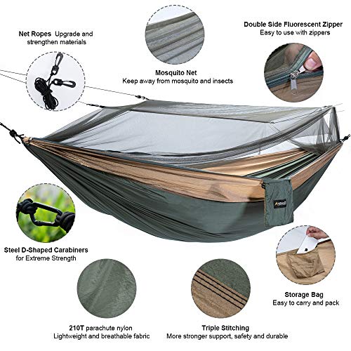 Camping Hammock with Mosquito Net, Lightweight Nylon Double Hammock, Portable Parachute Hammock for Backpacking, Travel, Beach, Backyard, Hiking - 2 Carabiners and Tree Straps(Green,78''W x 118''L)