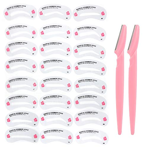 HUIHUIBAO 24 Pieces Reusable Different Styles Eyebrow Shaping Stencils and 2 Pieces Eyebrow Razor