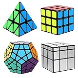 Magic Cube Set, Aitey Cube Bundle 3x3 Cube, Pyramid Cube, Megaminx and Mirror Cube Speed Puzzle Collection (4 Pack)