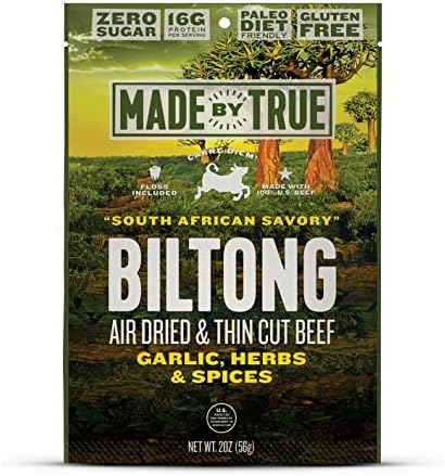 Made by True - Biltong - Savory Adventure with Garlic, Herbs & Spices, Seasoned & Air-Dried U.S. Beef, Paleo & Whole30 Friendly, 2 oz, (3 Pack)
