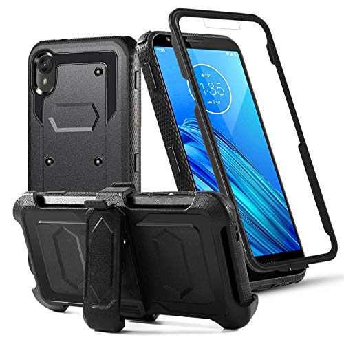 Moto E6 Case,Moto E 6th Gen Case,Motorola Moto E6 Phone Case,Built-in[Full Coverage Screen Protector] with Belt Clip[Kickstand] Heavy Duty Sturdy Swivel Belt Clip Holster Protective Case,Black