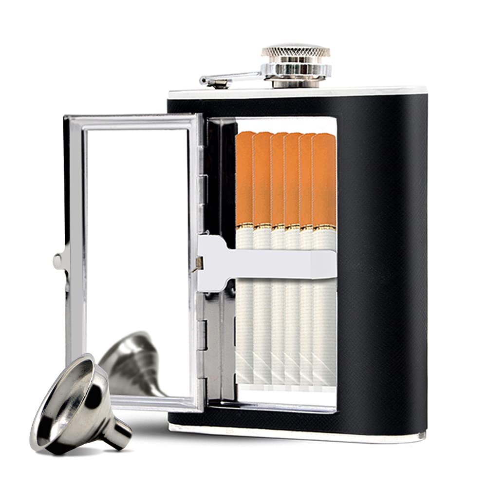 Kitwinney Stainless Steel Flask, Leak-Proof Pocket Hidden Flask with Built-in Cigarette Case and Leather Wrapped Cover, Black Hip Flask and Mini Funnel Set for Liquor for Men and Women