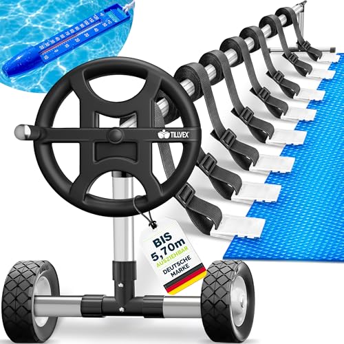 tillvex® Pool Aufroller Premium 3-5,70m inkl. Vollgummireifen & Thermometer