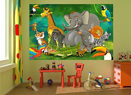 Wall Mural Kid’s Room Jungle Animals Mural Decoration Jungle Animals Zoo Nature Safari Adventure Tiger Lion Elephant Monkey I paperhanging Wallpaper poster wall decor by GREAT ART (82.7x55 Inch)