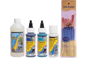 Make Your Day Woodland Scenics Realistic Water, Navy Blue Water Tint, Turquoise Water Tint, and White Water Highlight (Pack of 4) Paintbrushes
