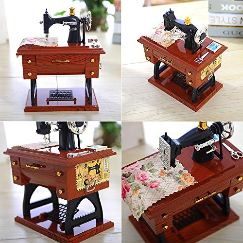 Wotryit Vintage Music Box Mini Sewing Machine Style Mechanical Birthday Gift Table Decor