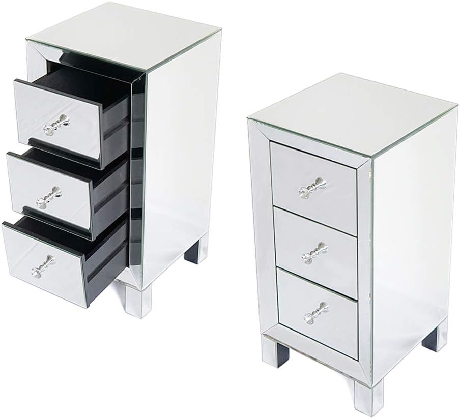 Amazon Com Tita Dong Mirrored Nightstand Set Of 2 Mirrored Bedside Table With 3 Drawer Crystal Style Knobs Silver Smooth Mirror Finish Bedside Cabinet For Bedroom Living Room Kitchen Dining
