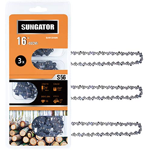 SUNGATOR 3-Pack 16 Inch Chainsaw Chain SG-S56, 3/8" LP Pitch - .050" Gauge - 56 Drive Links Fits Echo, Homelite, Poulan, Remington, Greenworks